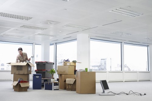 Packed office equipment ready for secure transport